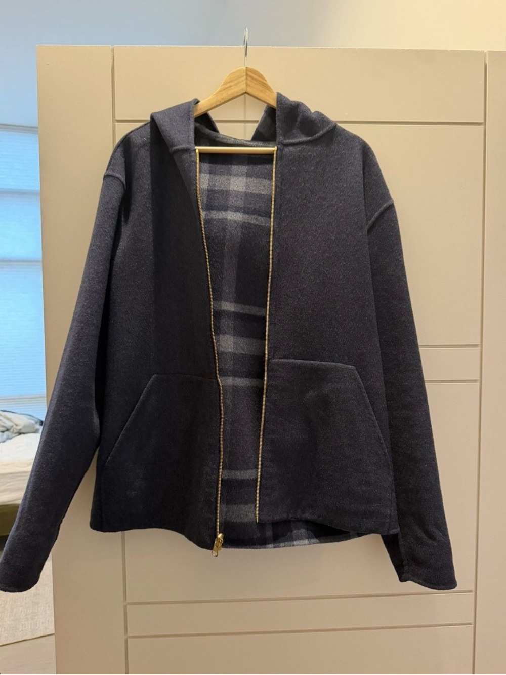 Kith Men’s Carlton Hoodie Zip Up Reversible Wool Plaid Check Blue Size Small